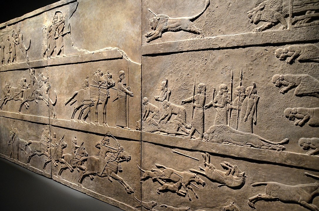relief depicting the Assyrian king Ashurbanipal hunting lions from the Royal Palace of Ashurbanipal at Nineveh