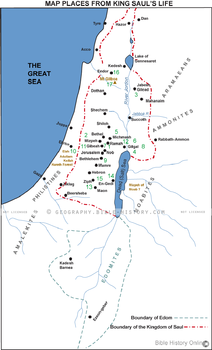 Map of Places From King Saul's life