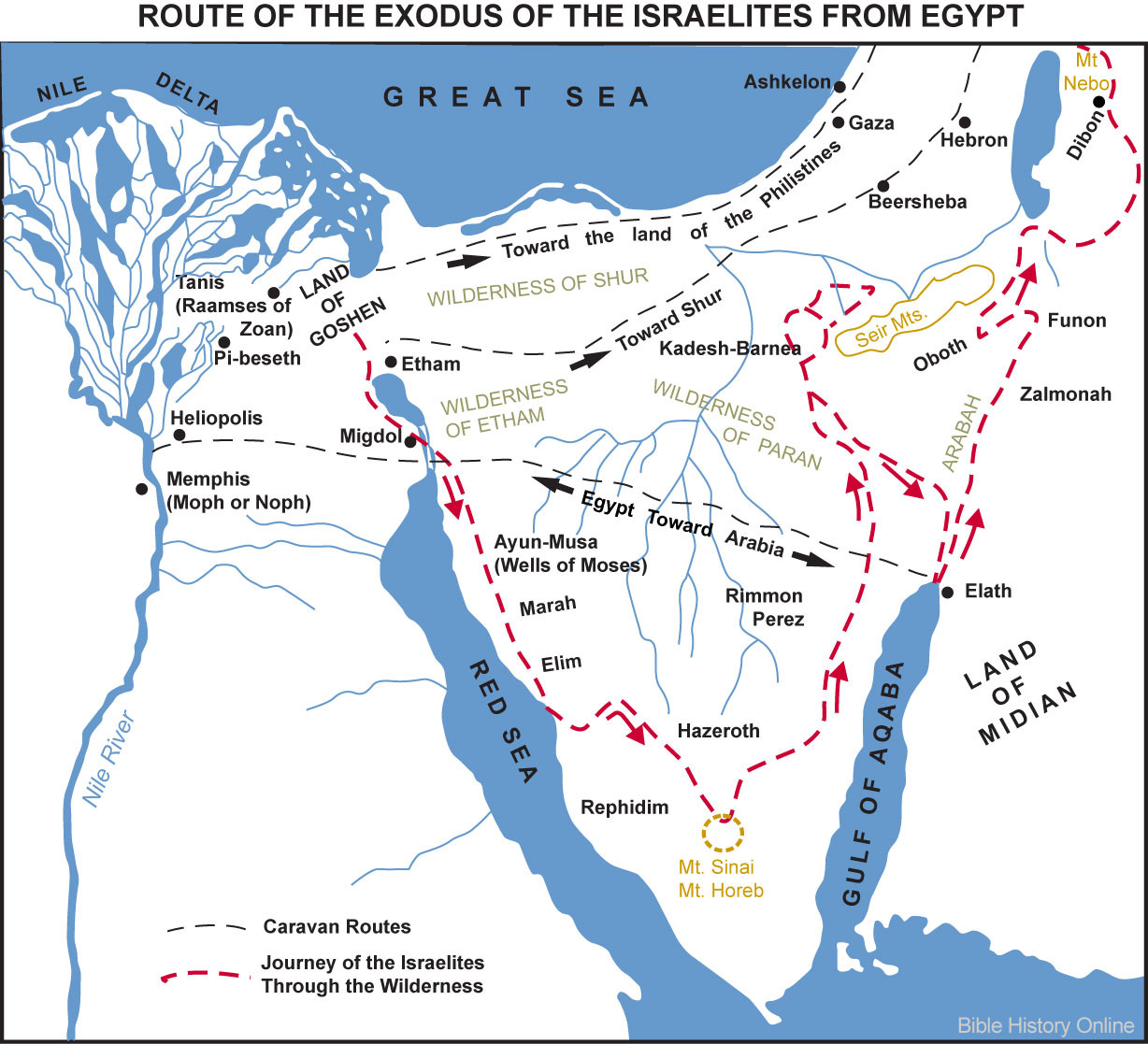 Map Of The Route Of The Exodus Of The Israelites From Egypt Bible History