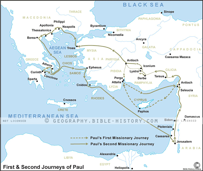 Map of the First & Second Journeys of Paul