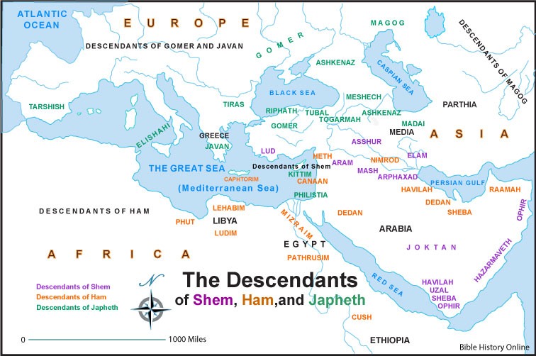 Printable Bilble Times Map Of Land That Shem Ham And Japheth Settled In