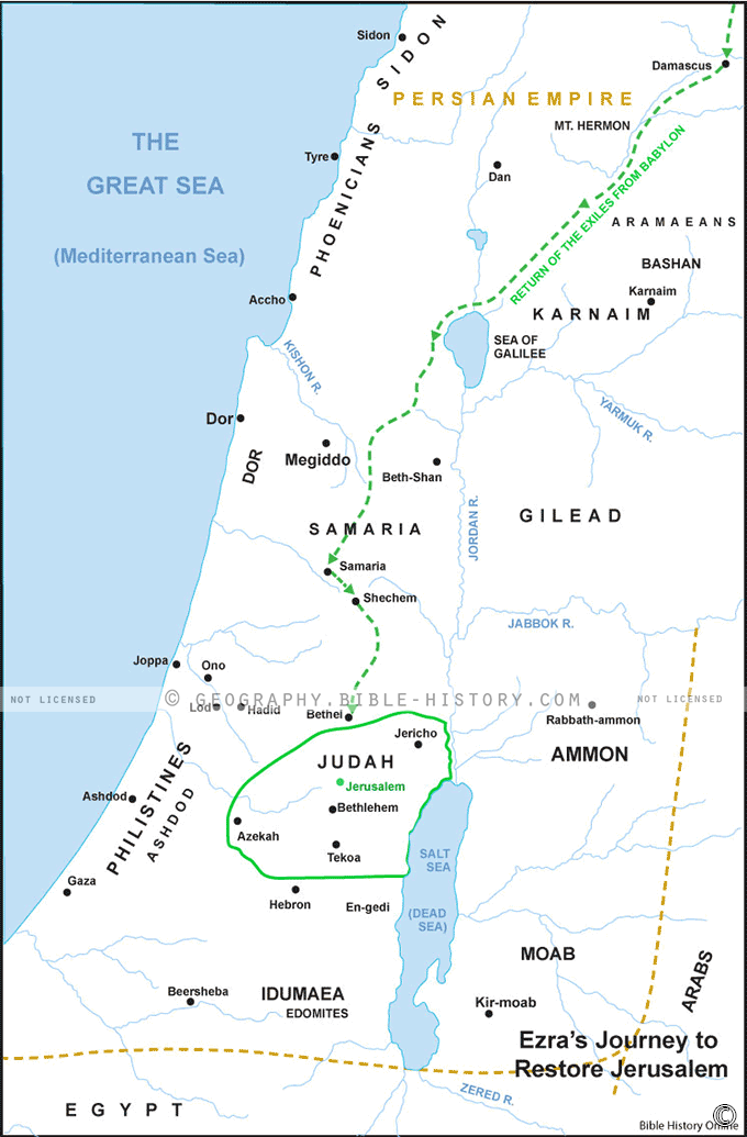 Map of the Ezra's Journey to Restore Jerusalem