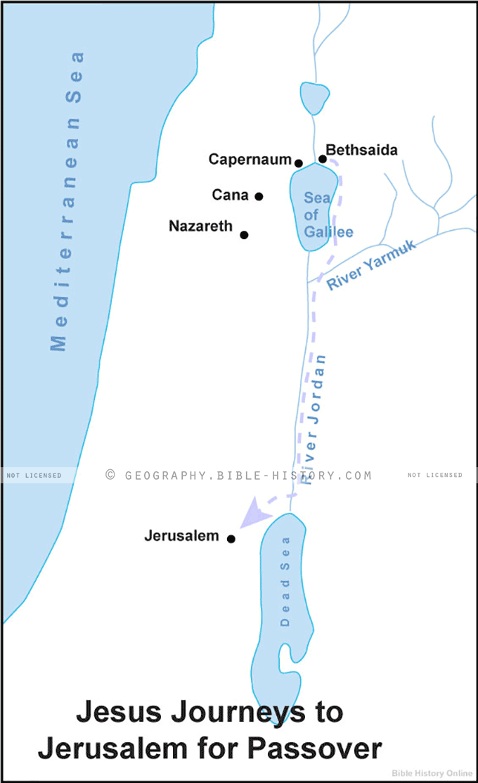 Map of the Jesus Journeys to Jarusalem for Passover